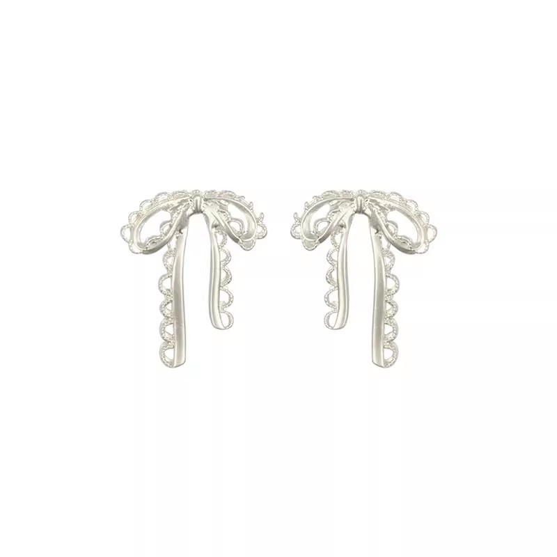 Ballet-style bow stud earrings, matte silver hollowed-out niche design ribbon earrings, delicate and sweet earrings for women Item Picture