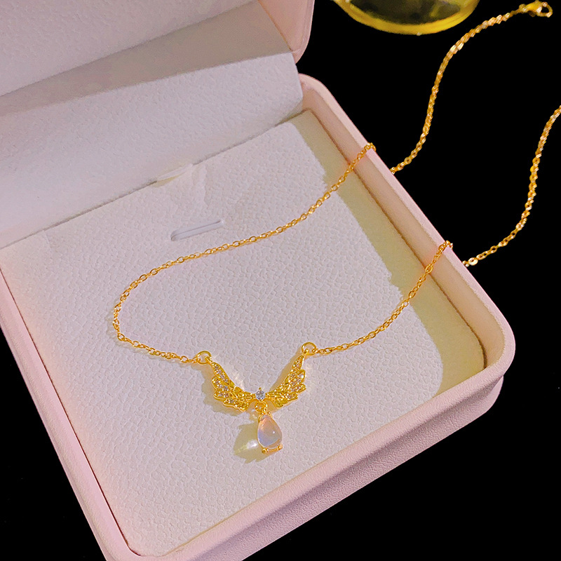 Fashionable and colorful gemstone angel wing titanium steel necklace, women's personality, versatile, light luxury collarbone chain, wholesale of internet-famous accessories Application Scenario