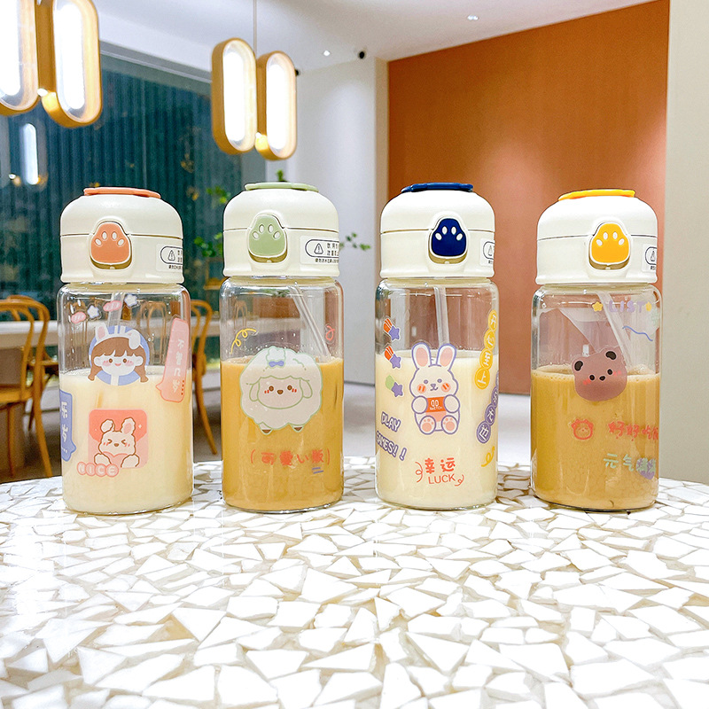 Cute student glass cup, creative and adorable girl's heart, straw cup, cartoon portable pop-up lid, heat-resistant and explosion-proof water cup details Picture