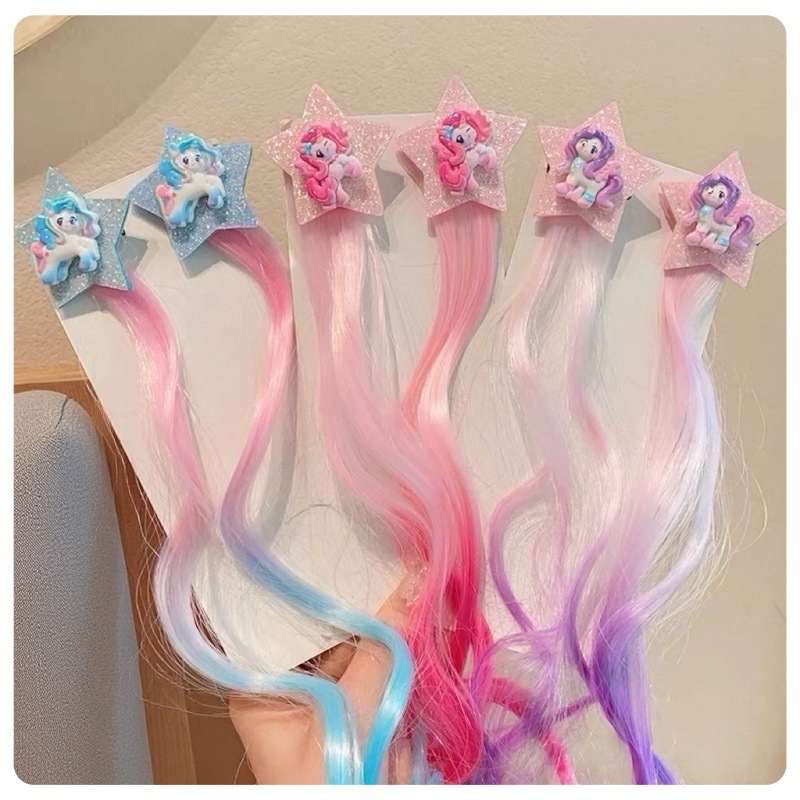 My Little Pony children's wig, braid, highlight dyed princess, cute cartoon five-pointed star headwear, baby braided hair clips, hair accessories details Picture