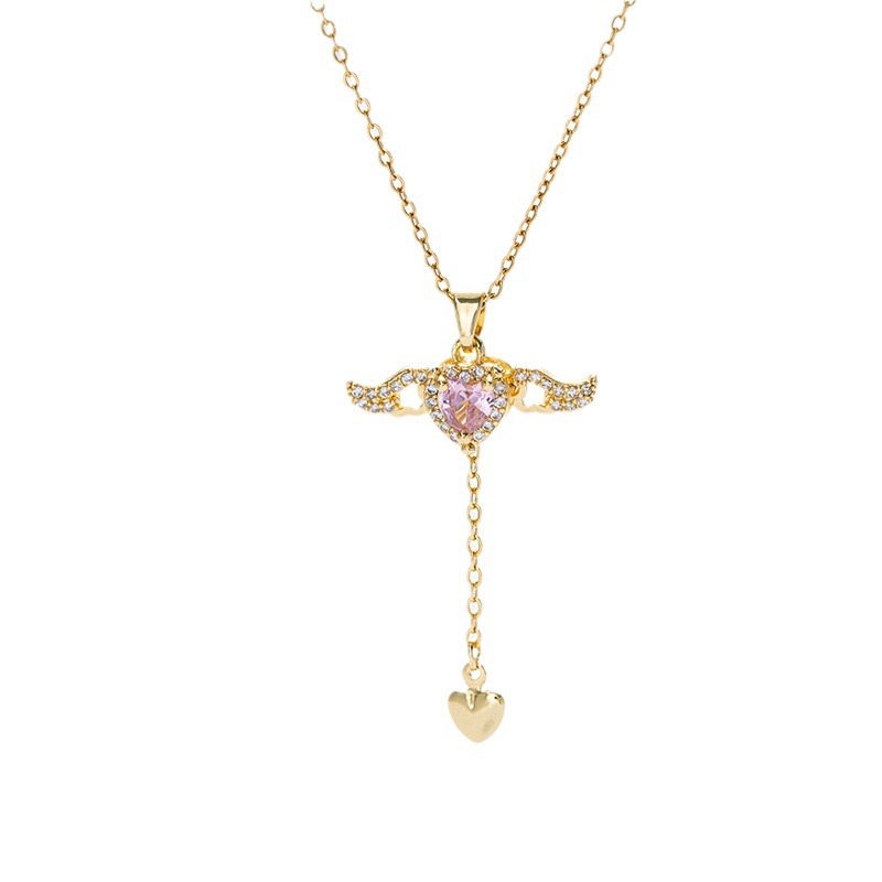 Real gold electroplated pink heart-shaped moving wing tassel necklace, female Internet celebrity light luxury design collarbone chain wholesale Item Picture