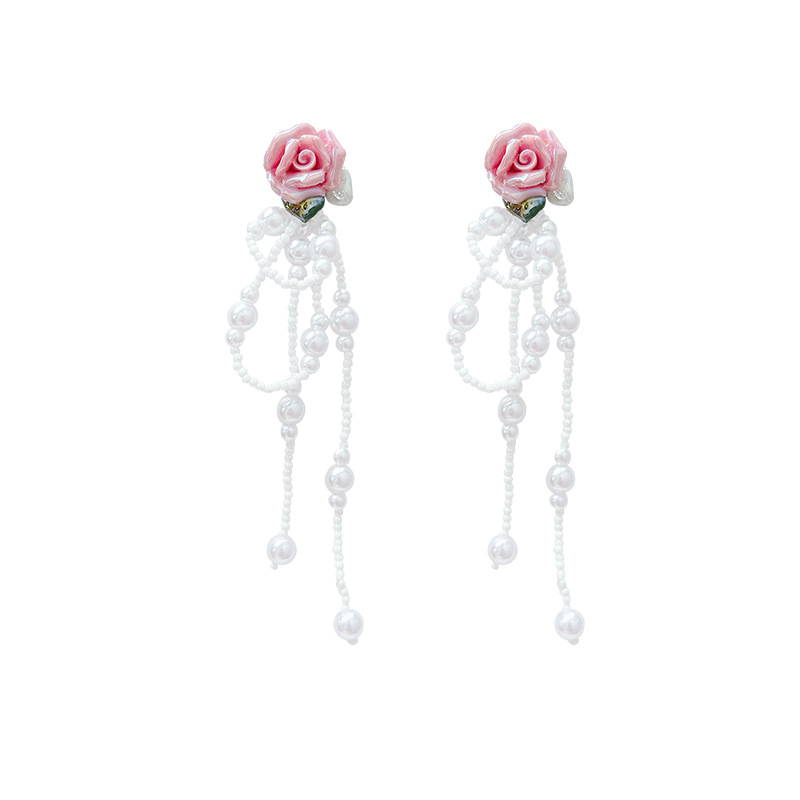 French pink rose pearl tassel earrings for women, new summer style 2025, gentle stud earrings, versatile long earrings Item Picture