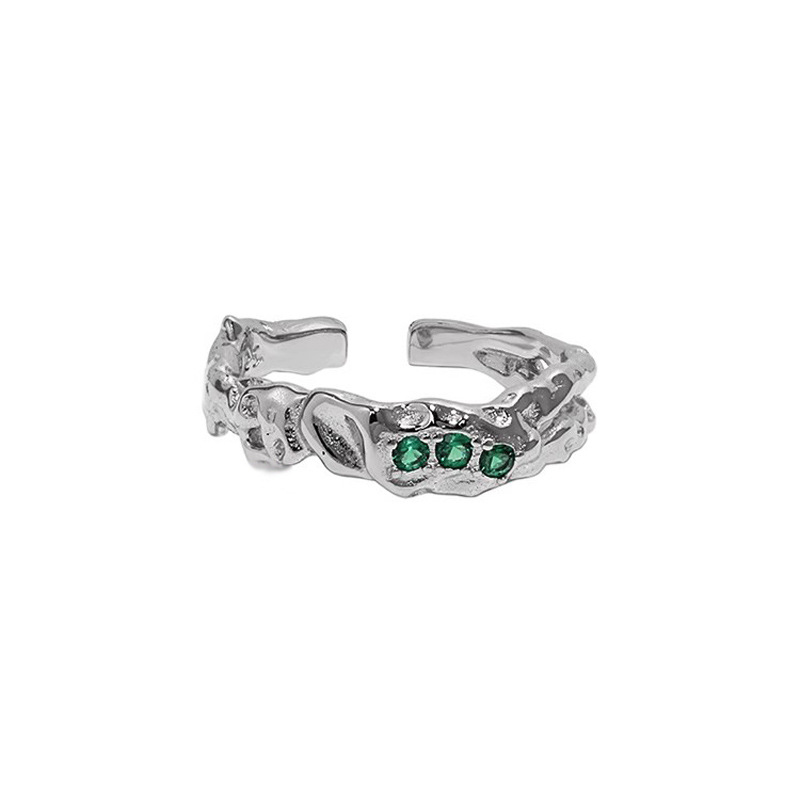 The irregular texture green zircon open ring exudes a high-end, individualistic and fashionable vibe for women. It's a cold and stylish food ring trend on Instagram Item Picture