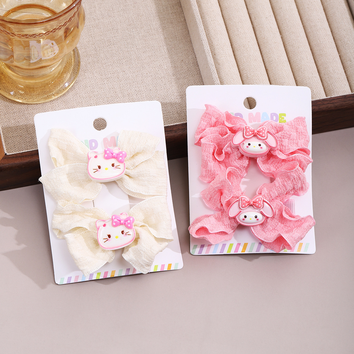 New cute candy-colored bow Sanrio children's hairpin for girls, all-inclusive fabric double-clip hairpin and hair accessory Specification drawing