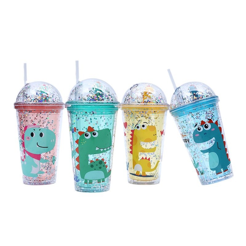 The manufacturer's new summer double-layer cartoon creative straw cup is a popular portable and cute children's dinosaur figurine cup Item Picture
