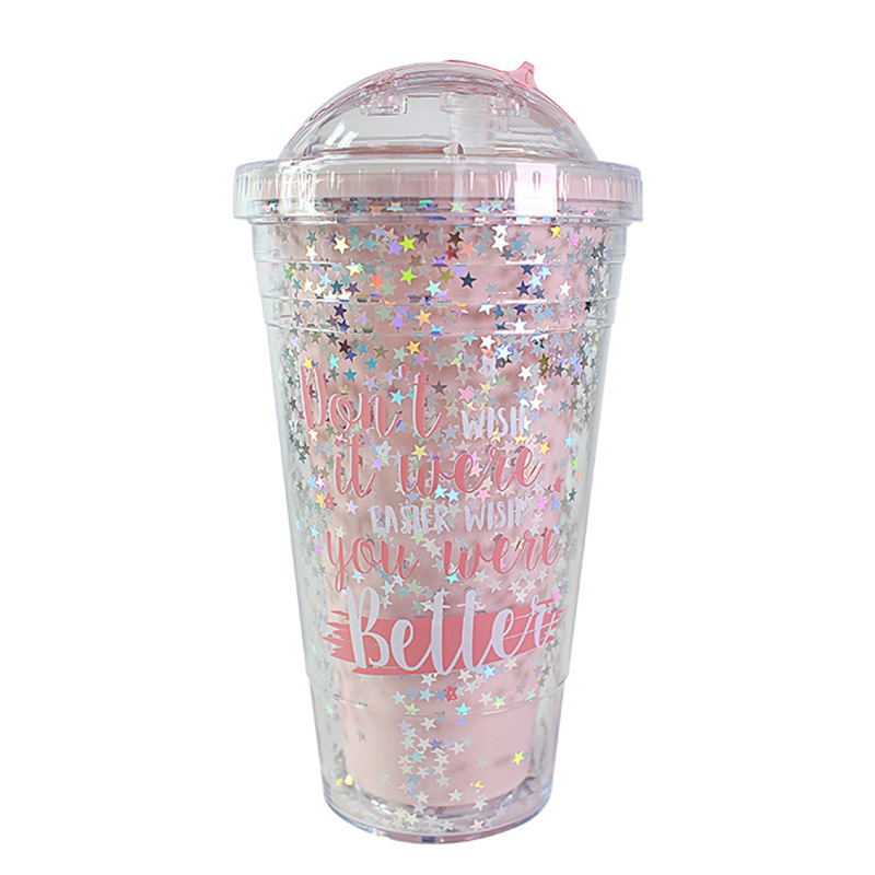 The popular Korean double-layer plastic cup with a straw, dreamy sequined water cup, couple student summer juice cold ice cup Item Picture
