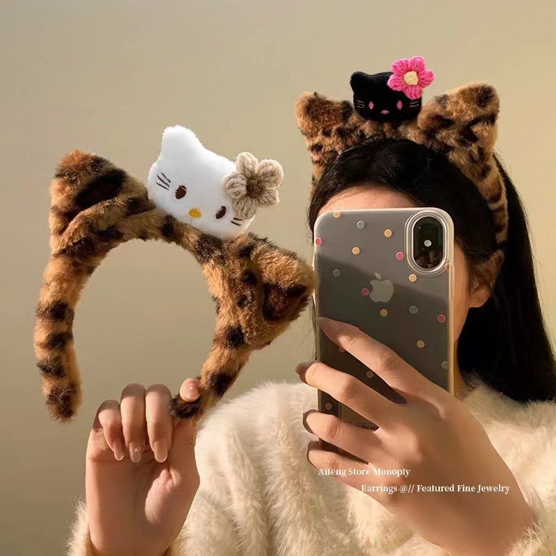 New cute Kitty cat ear leopard print plush hair band for autumn and winter, women's face washing and makeup headband, cartoon hair accessory Specification drawing