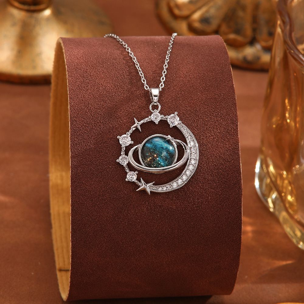 Titanium steel non-fading sweater chain, niche design, light luxury style, starry planet necklace, full diamonds, versatile collarbone chain for women details Picture