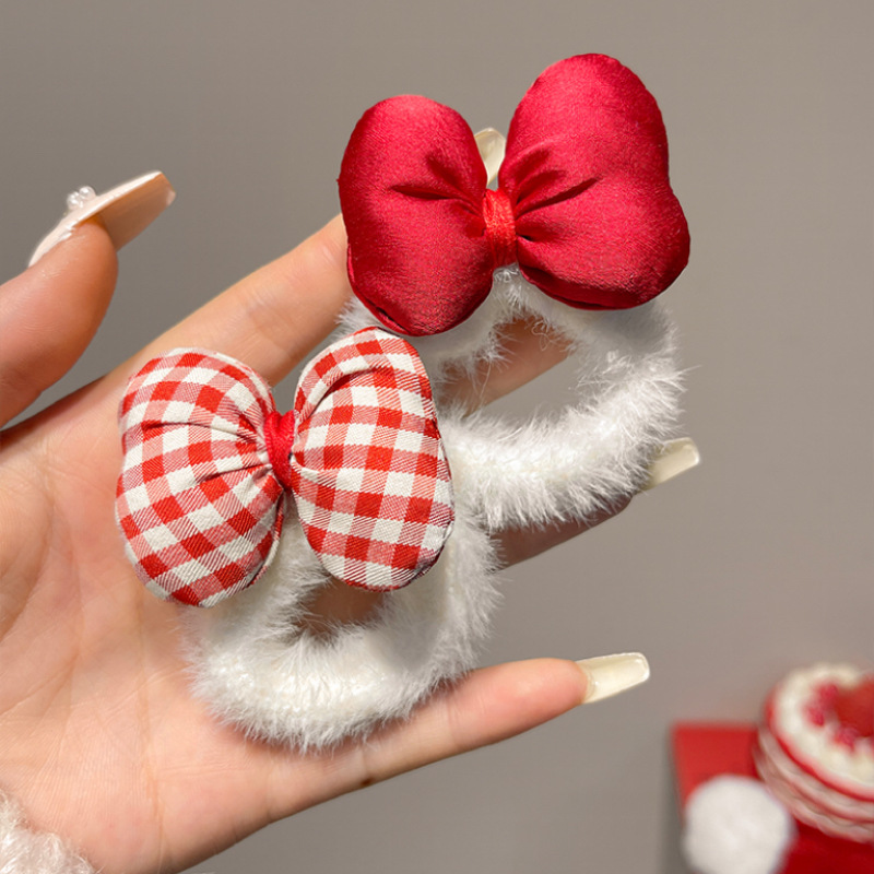 Chinese-style red bow, plush hair band, New Year children's hair clip, fluffy hair rope, hair tie, girls' rubber band headwear Specification drawing