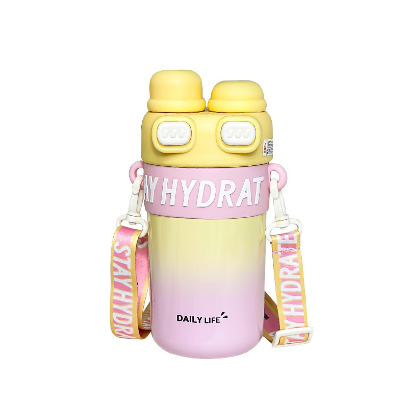 Double-drink simple couple thermos cup with gradient color and high appearance level, student water cup, portable new girls' shoulder strap cup Item Picture