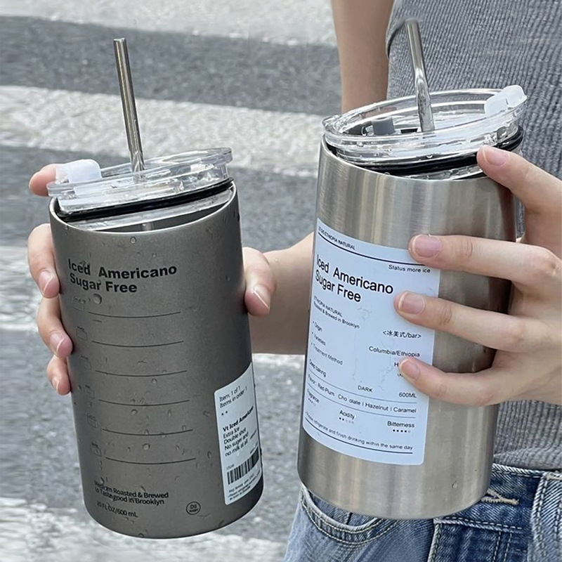 Niche coffee cup, stainless steel fashionable and trendy straw cup, portable office simple, high appearance level cross-border insulated cup details Picture