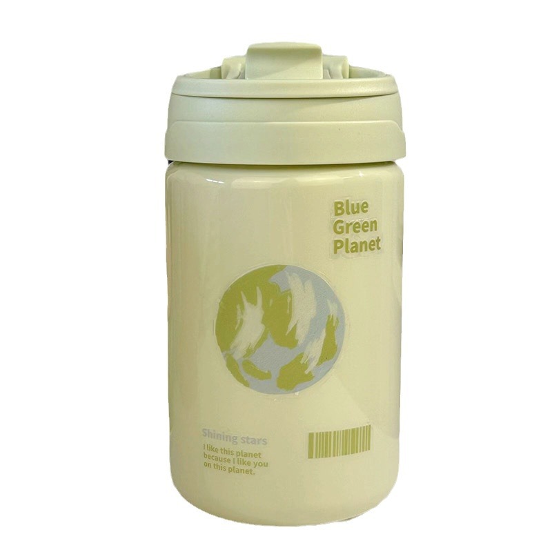 New leak-proof water cup handle for girls, simple sticker portable double-drinking straw cup, large-capacity plastic cup Item Picture