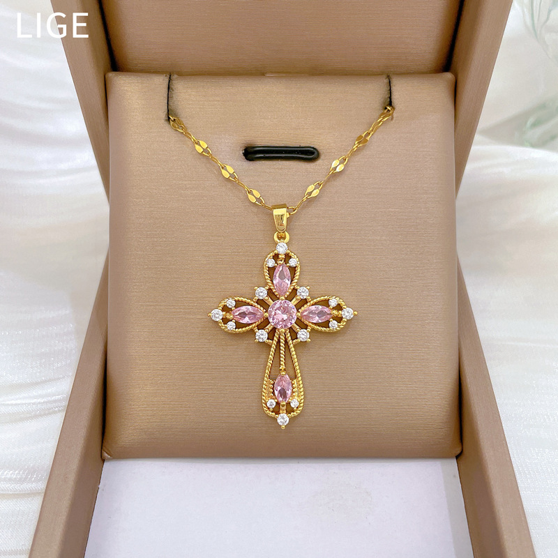 【 Titanium Steel 】 Perforated cross, light luxury, luxurious, full diamond necklace, versatile for women, collarbone chain, titanium steel chain full figure