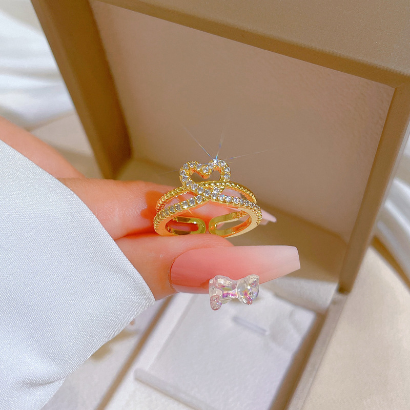 【 Real gold electroplating 】 A fashionable slightly inlaid luxury ring index finger ring for a woman with an open heart, the same cool style as the Internet celebrity details Picture