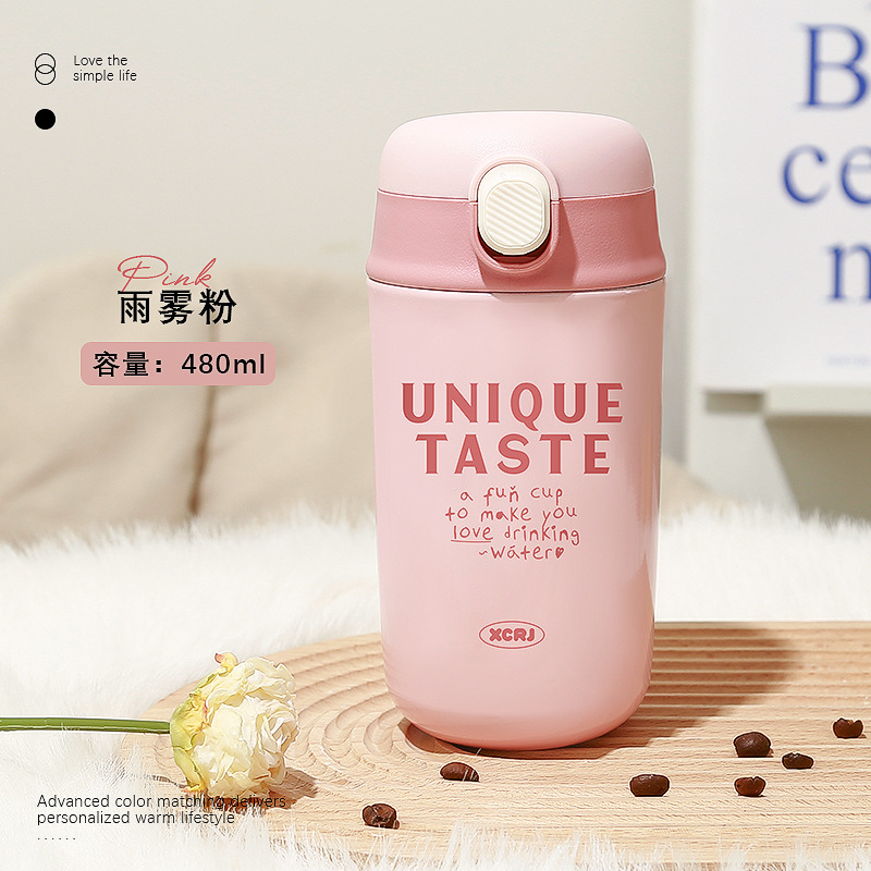 Thermos cup, student water cup, high appearance level for girls, household coffee cup, portable straw, 304 stainless steel cup for girls details Picture