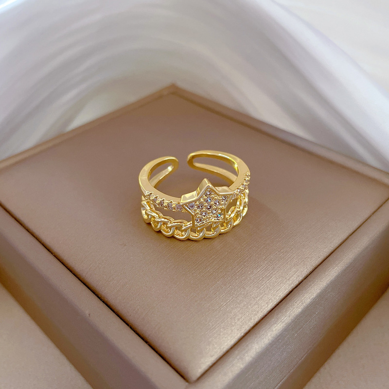 【 Real gold electroplating 】 Open five-pointed star female fashion slightly inlaid light luxury ring index finger ring, the same style as Internet celebrities, cold style Application Scenario