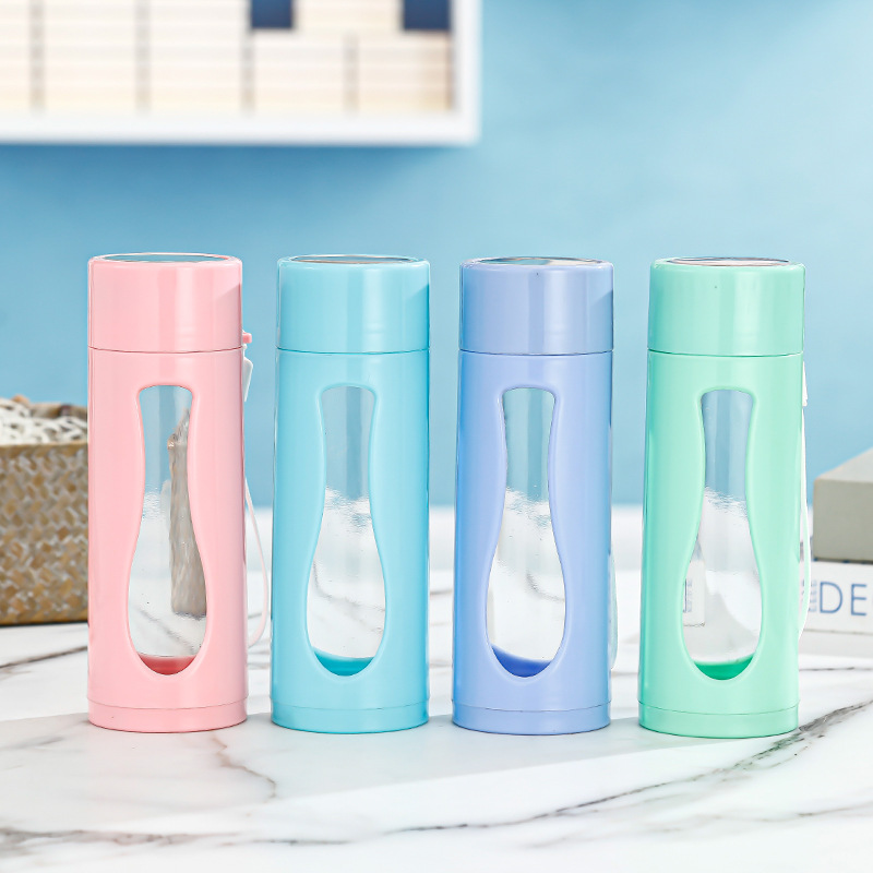 Creative and fashionable sports water cups, printable advertising gift cups, double-layer glass cups, portable drawstring plastic glass cups details Picture