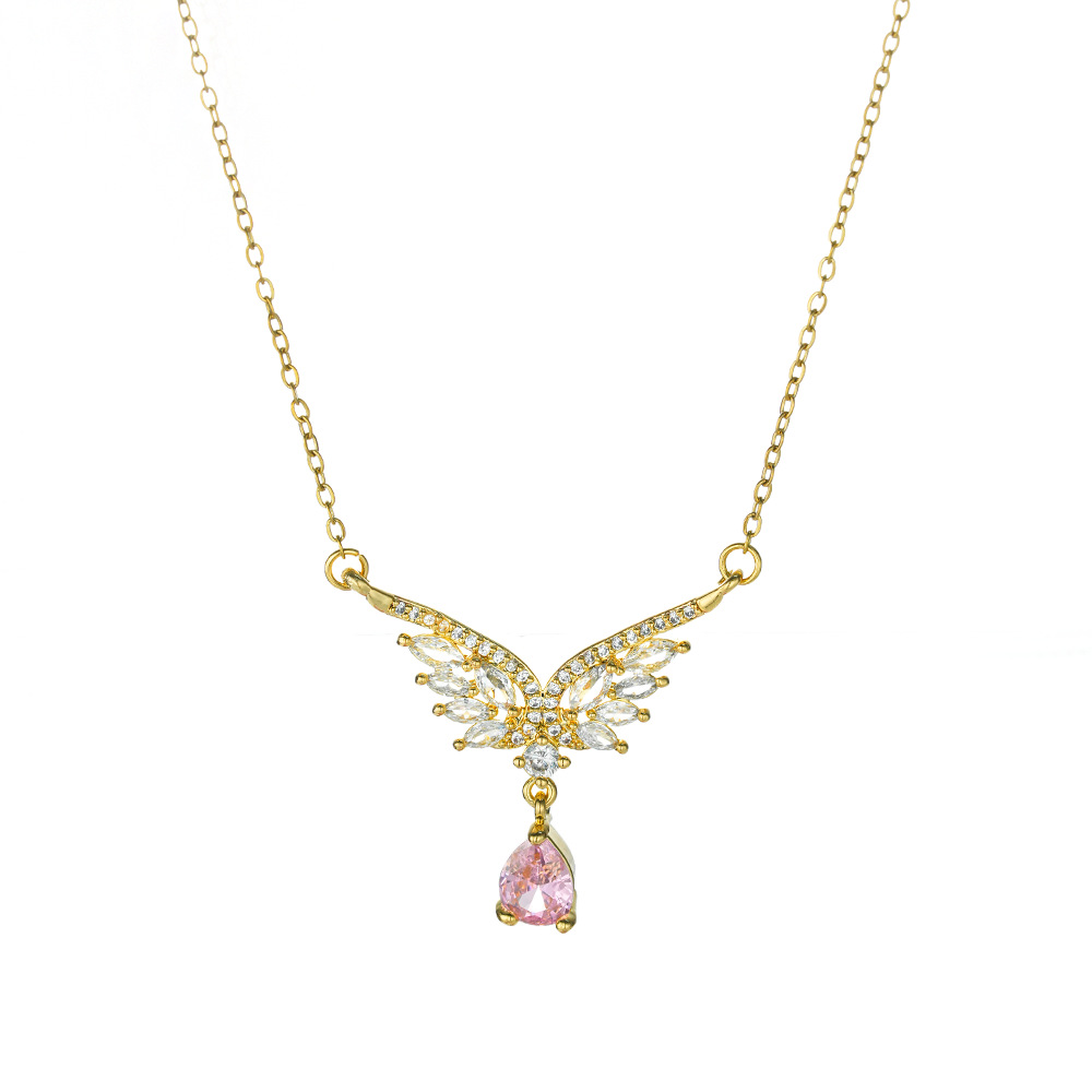 Cross-border light luxury best-selling pink water drop butterfly wing large zircon pendant titanium steel necklace, high-end women's collarbone chain Item Picture