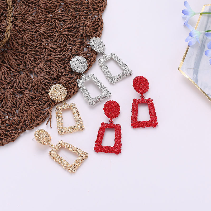 European and American exaggerated and grand frosted trendy geometric earrings, creative and individual embossed trapezoidal long metal earrings details Picture