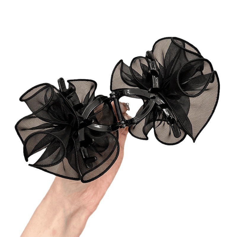 Korean-style chiffon mesh flower beaded hair clips, female Internet celebrity with less hair volume shark clips, elegant semi-tied hair clips, hair accessories Item Picture
