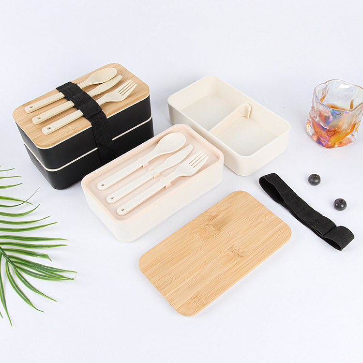 Wheat bellflower, Japanese-style wooden lid double-layer lunch box with cutlery box, plastic portable lunch box, square lunch box, cutlery Specification drawing