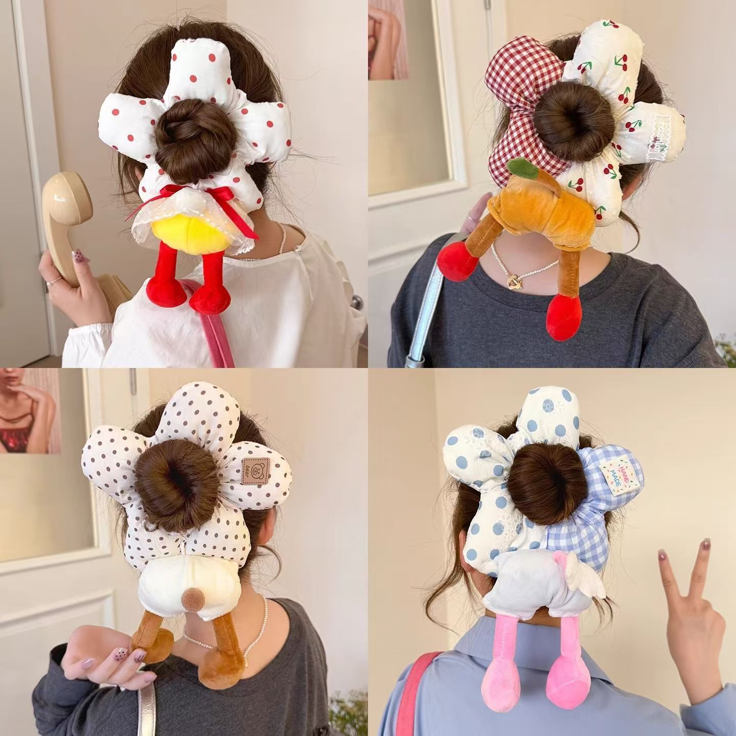 Mickey Pippi's new flower-shaped large intestine hair band for women's autumn and winter, creative bun headband, cute Mickey Mouse hair band polka dots Specification drawing
