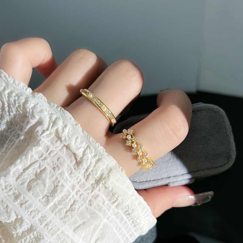 Micro-inlaid French light luxury pearl inlaid hollowed-out niche open ring, feminine, fashionable, sweet and cool stacked food ring details Picture