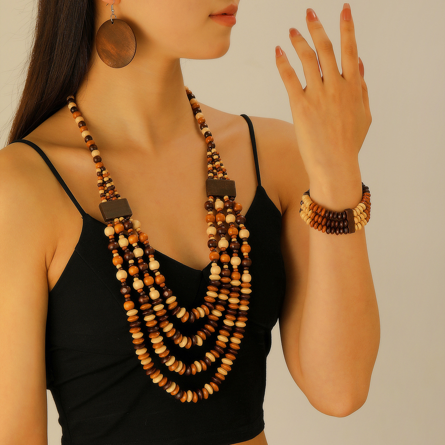 Cross-border retro ethnic style wooden bead multi-layer beaded bracelet, earrings, necklace set, Bohemian long sweater chain full figure