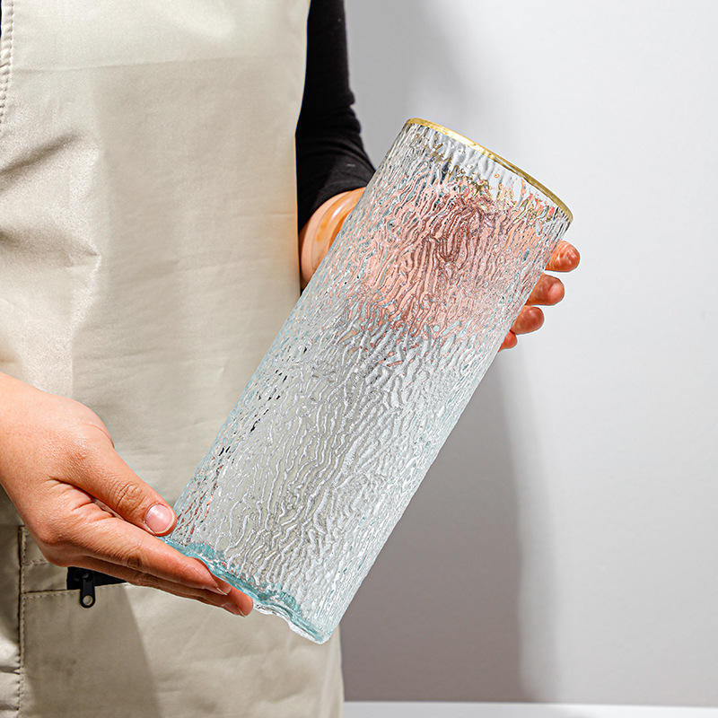 Modern and simple flower arrangement vase, lucky bamboo glass vase, gilded straight tube, glacier pattern glass vase Specification drawing