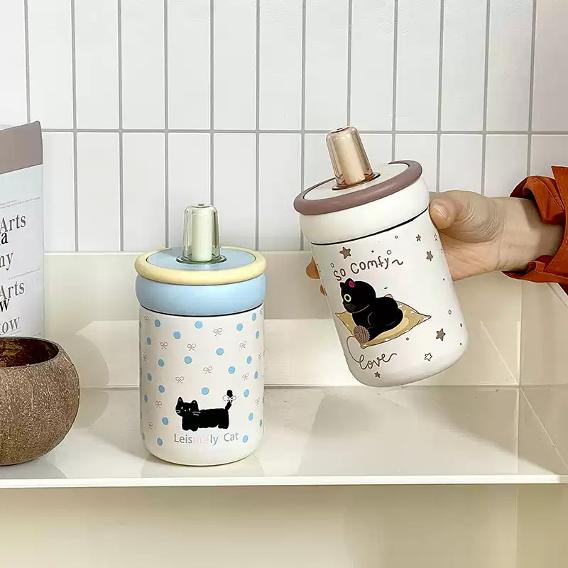 Wholesale of cute black cat insulated cups, student portable carrying ring straw cups, new high appearance level stainless steel water cups for girls Specification drawing