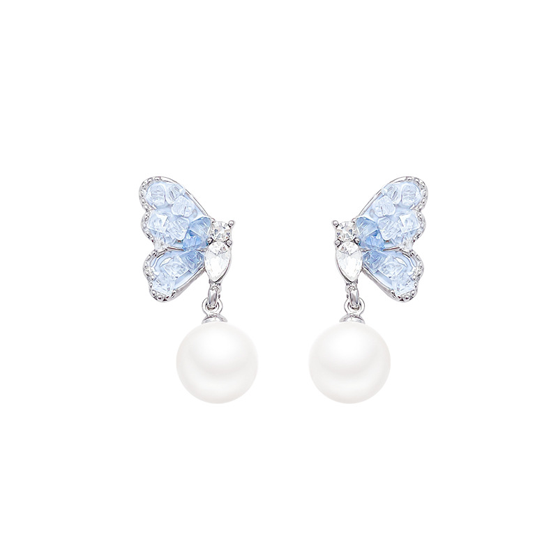 Blue crystal butterfly stud earrings, women's pearl earrings, light luxury and niche design, high-end earrings, 925 silver needle earrings Item Picture