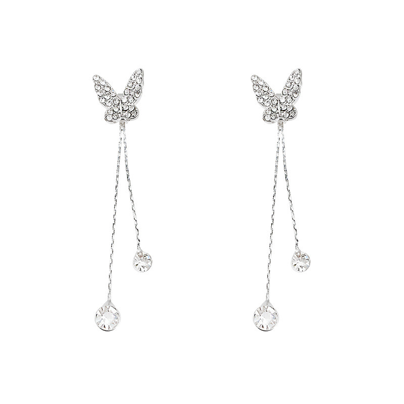 S925 Silver needle micro-inlay exquisite asymmetrical fishtail earrings, high-end design sense, long tassel butterfly stud earrings Item Picture