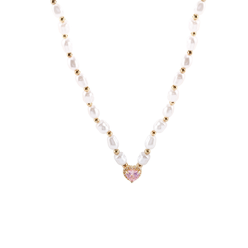Sweet pink heart-shaped zircon pearl necklace, a French high-end retro collarbone chain for women, a popular neckchain accessory Item Picture