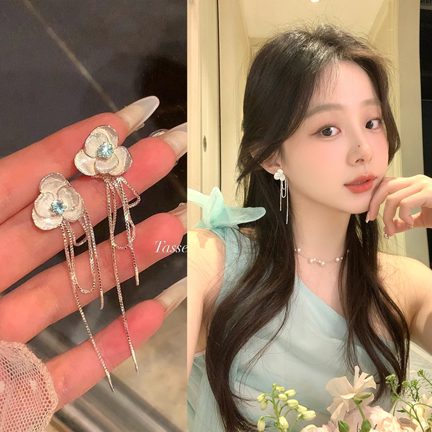 The super ethereal and sweet blue zircon camellia tassel earrings exude a sense of sophistication and elegance for women. The floral stud earrings are popular earrings on the Internet full figure