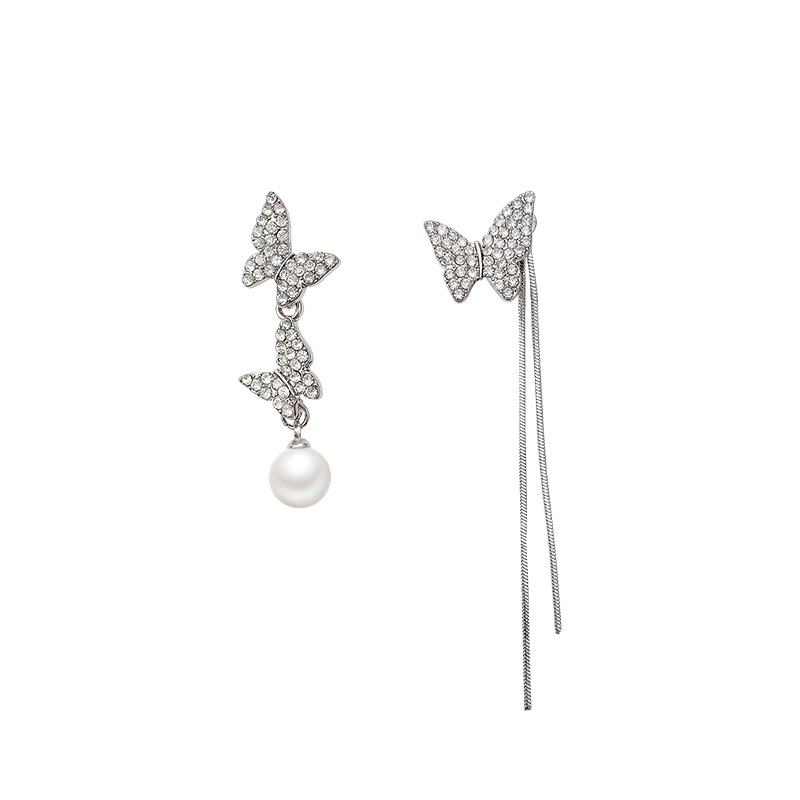 S925 Silver Needle asymmetrical butterfly Pearl Earrings, a French high-end women's diamond-encrusted tassel bestseller stud earrings Item Picture