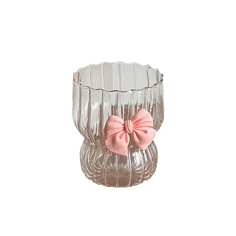 Pink bow heat-resistant coffee cup, high borosilicate glass cup, vertical pattern chubby cup, tea brewing cup, girlish heart Item Picture