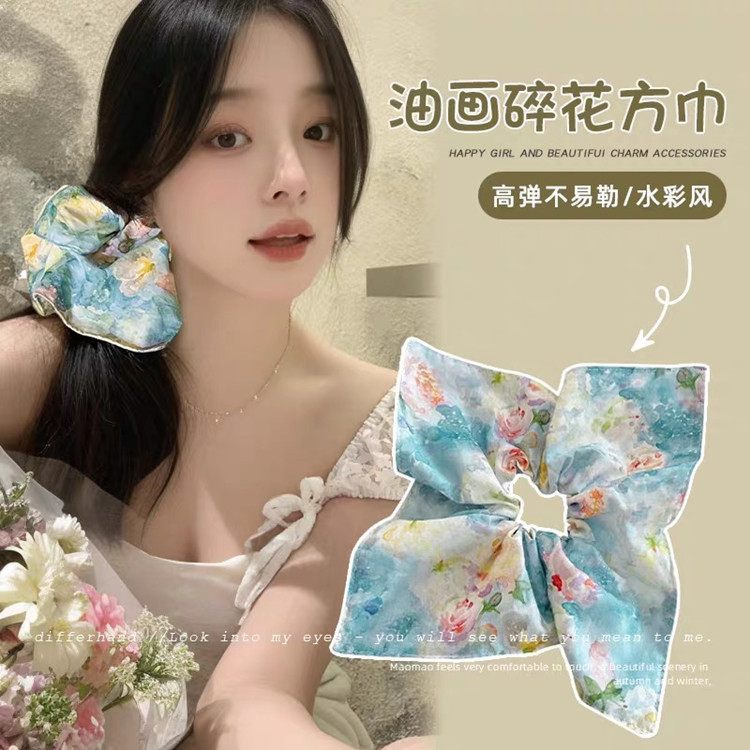 Dreamy Garden ~ Oil Painting style floral square scarf, large intestine hair band, women's stunning square hair accessory, square hair tie Application Scenario