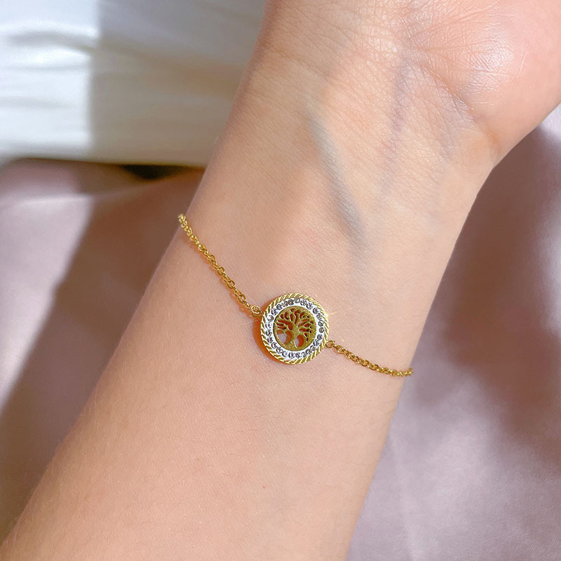 【 All-titanium Steel 】 Dongdaemun Personalized round plate Life Tree Full Diamond chain bracelet Female Internet celebrity retro best friend Specification drawing