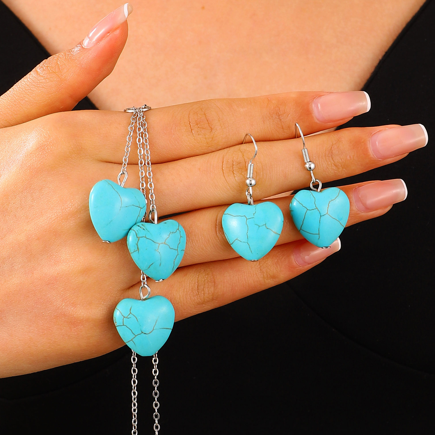 European and American turquoise spliced necklace, retro heart-shaped earrings, necklace jewelry set, Bohemian cross-border accessories Specification drawing