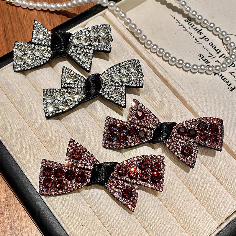 Korean bow water diamond hair clips, bangs side clips, high-end and elegant style, duckbill bb clips, back of the head small hair clips Specification drawing