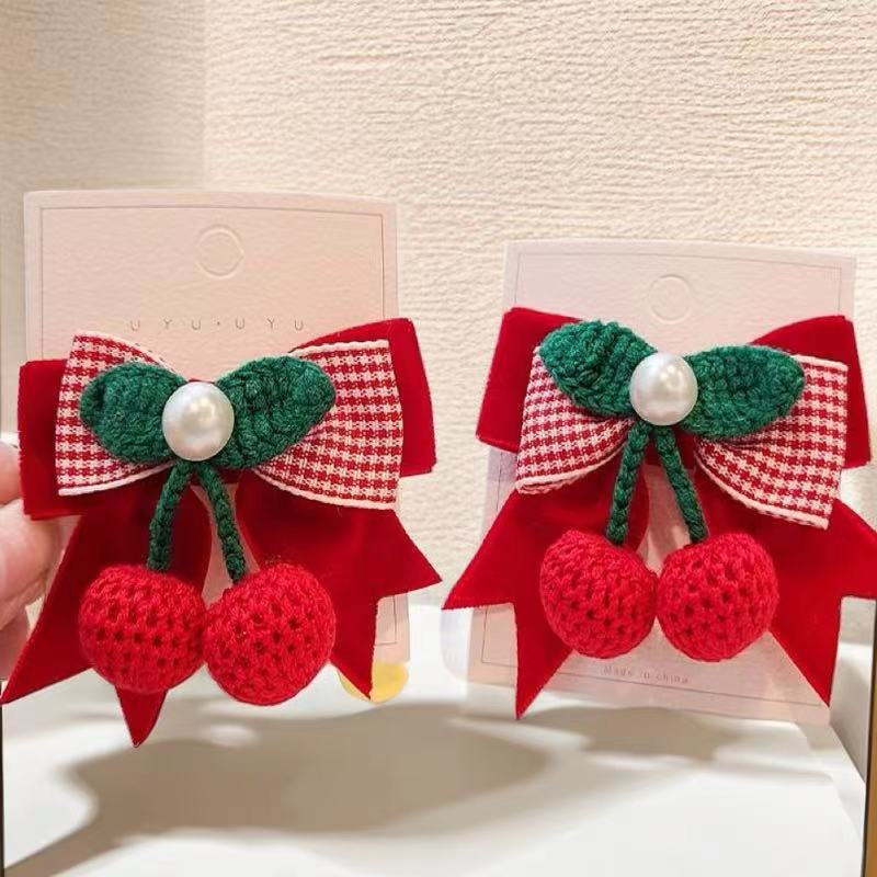 Children's cherry hair clips, New Year's red bow hair clips, girl side bangs clips, baby New Year's red hair accessories full figure