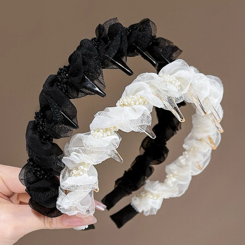 Sweet mesh pleated beaded headband, elegant inverted anti-slip headband, toothed hair tie, hair accessory, high-end headwear full figure