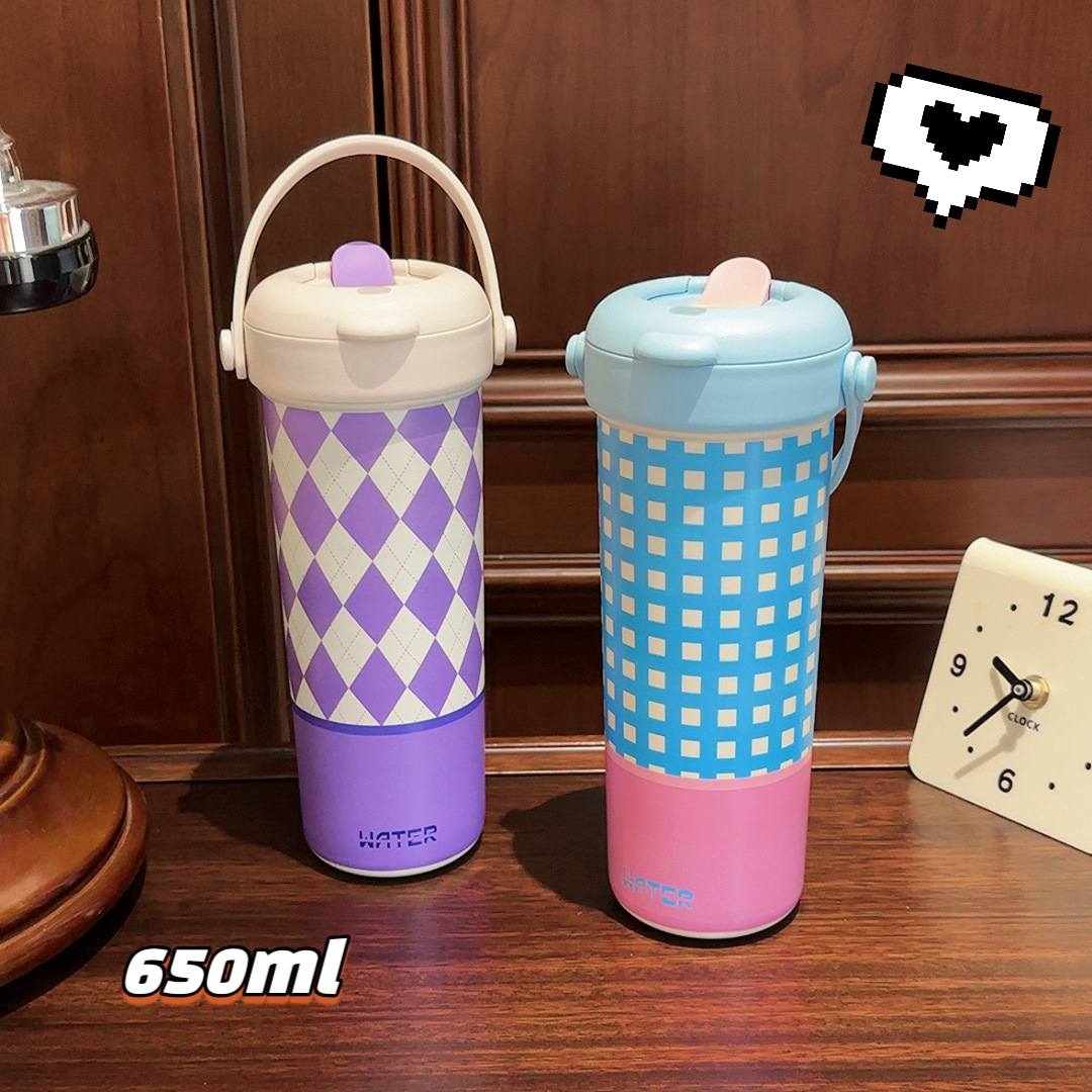 High appearance level tea brewing double drinking cup, checkered portable straw cup, teenage girl stainless steel cup gift Specification drawing