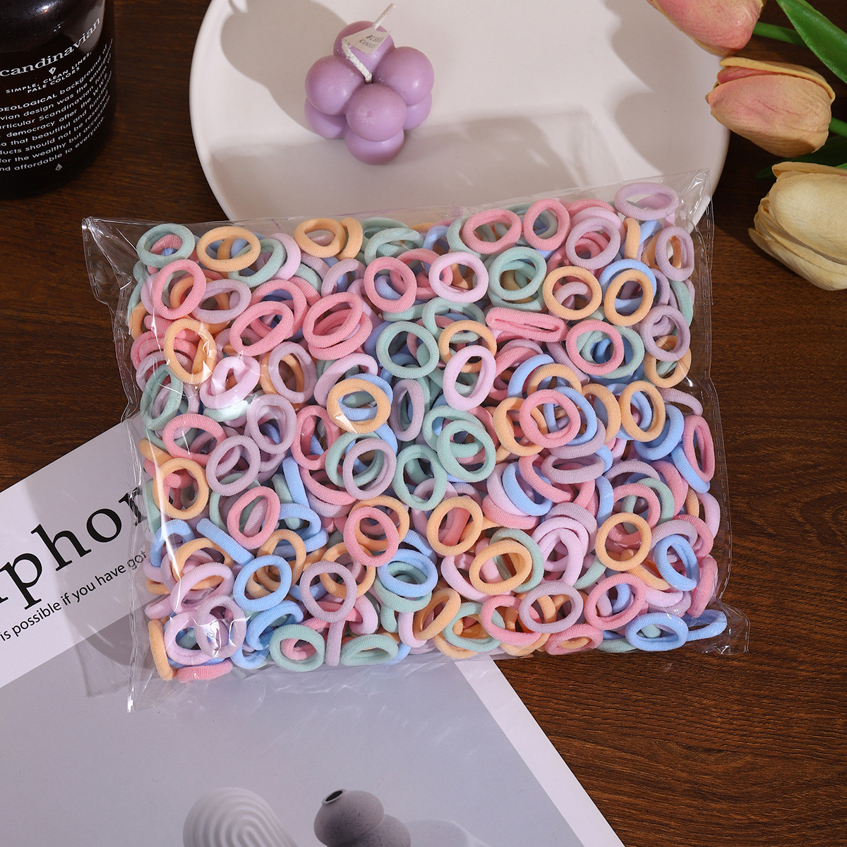 Children's hair-safe towel ring 500 pieces, high-elasticity rubber band, little girl thumb rubber band hair ring, baby's head Specification drawing