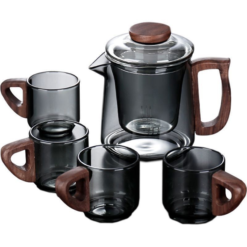 The Hehuan teapot, heat-resistant glass wood, complete set of teapot and tea ware, high borosilicate tea brewing and boiling utensils, tea and water separation flower teapot Item Picture
