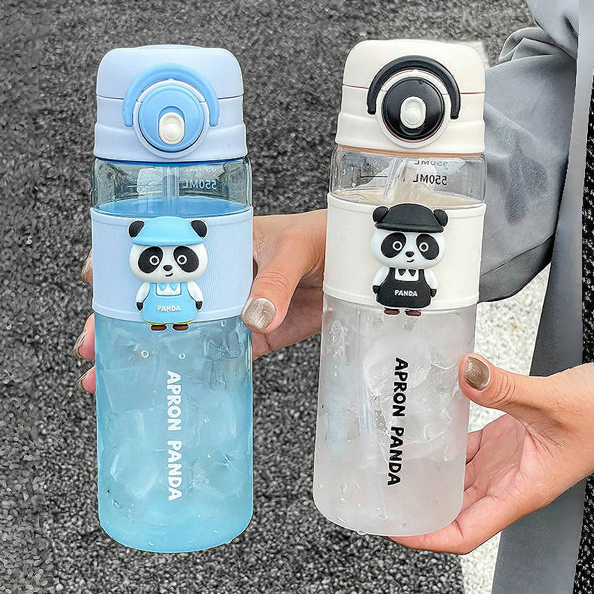 Cartoon panda straw cup, double drinking, creative, cute and portable plastic cup, student sports summer girls' water cup wholesale full figure