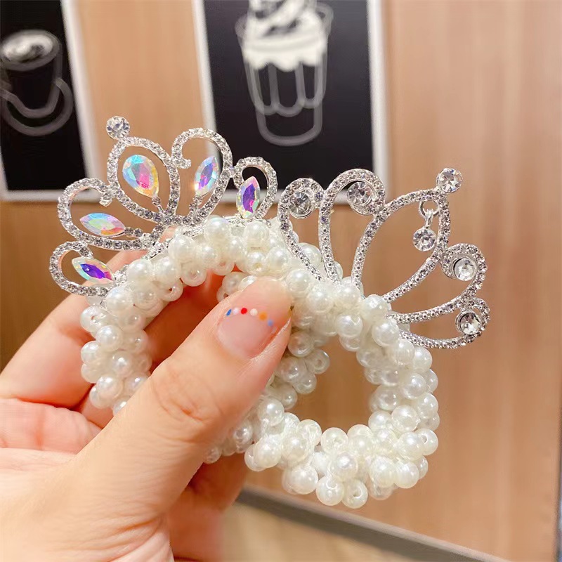 A new popular children's princess crown headwear, featuring a pearl bun hair string and a little girl hair tie rubber band headwear Specification drawing