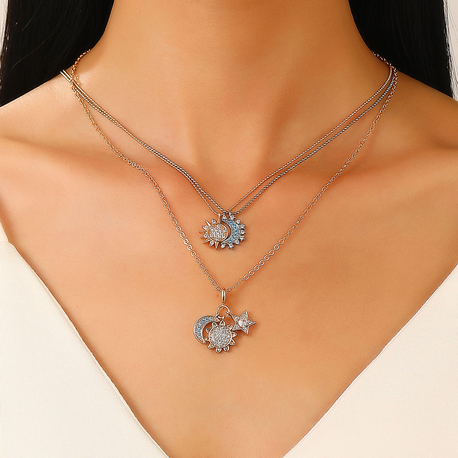 European and American ins diamond-encrusted sun and moon ring, bracelet, necklace, jewelry set, women's sun and moon earrings, cross-border accessories Specification drawing