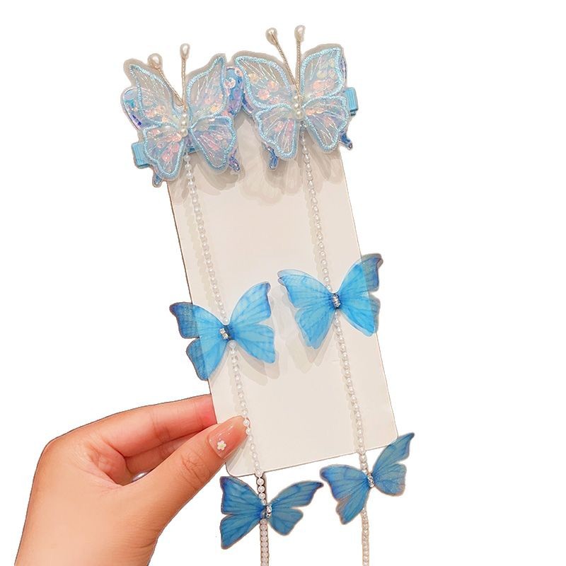 Pearl tassel hair clips, girls' colorful ponytail braided hair chains, children's butterfly wing hair accessories, baby hair clips, headwear Item Picture