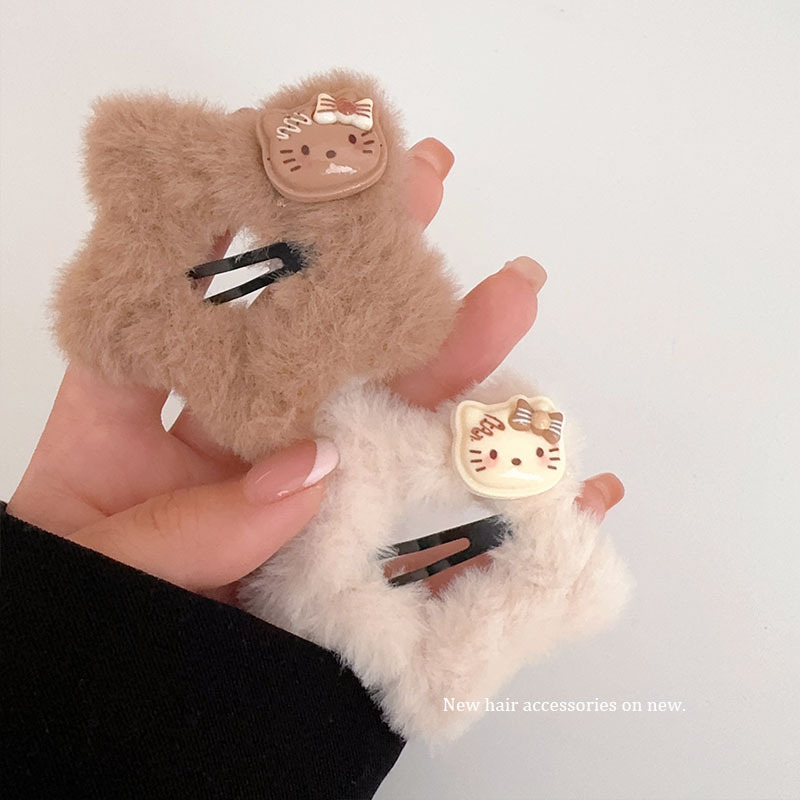 Fluffy five-pointed star hair clip, cute KT cat bb clip, ins autumn and winter plush star hair clip, beautiful girl side clip Specification drawing